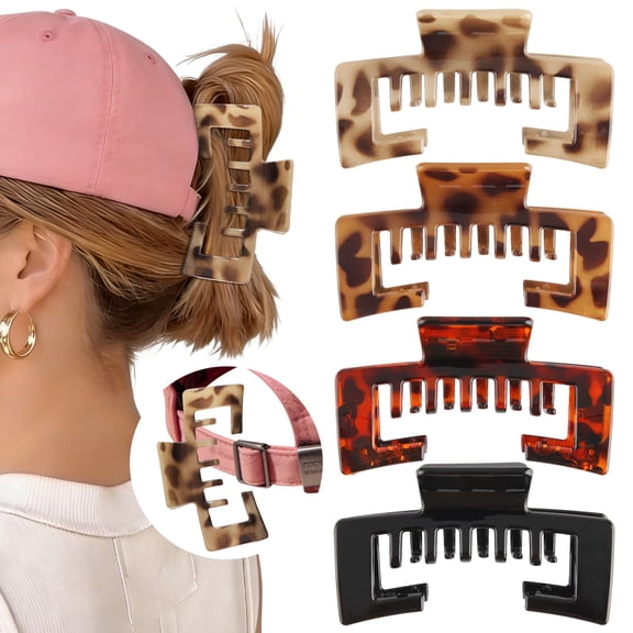 AWAYTR 4 Pack Square Hat-Friendly Claw Clips, 4.1 Inch Large Non-slip Clips, Strong Hold for Baseball Caps & Thick Hair