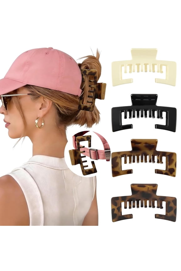 4 Pack Square Hat-Friendly Claw Clips, 4.1 Inch Large Non-slip Clips, Strong Hold for Baseball Caps & Thick Hair