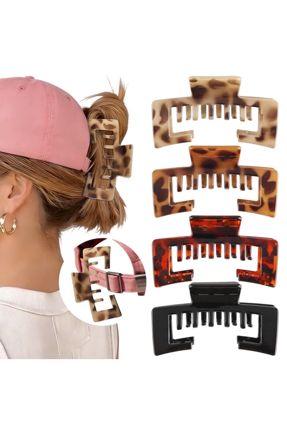 4 Pack Square Hat-Friendly Claw Clips, 4.1 Inch Large Non-slip Clips, Strong Hold for Baseball Caps & Thick Hair