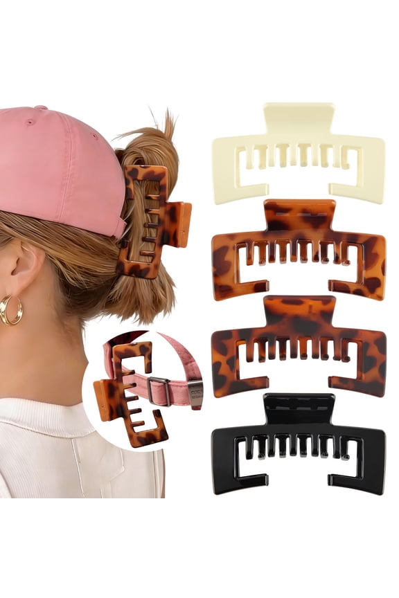 4 Pack Square Hat-Friendly Claw Clips, 4.1 Inch Large Non-slip Clips, Strong Hold for Baseball Caps & Thick Hair
