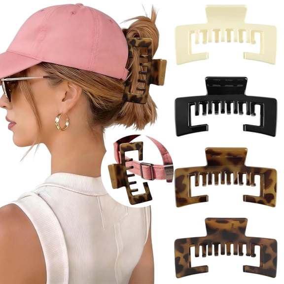 AWAYTR 4 Pack Square Hat-Friendly Claw Clips, 4.1 Inch Large Non-slip Clips, Strong Hold for Baseball Caps & Thick Hair
