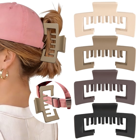 AWAYTR 4 Pack Square Hat-Friendly Claw Clips, 4.1 Inch Large Non-slip Clips, Strong Hold for Baseball Caps & Thick Hair