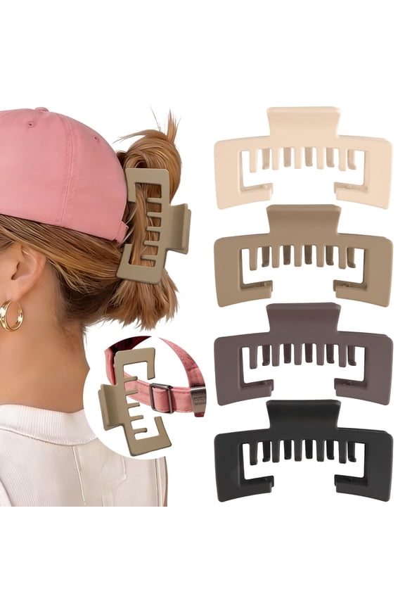 4 Pack Square Hat-Friendly Claw Clips, 4.1 Inch Large Non-slip Clips, Strong Hold for Baseball Caps & Thick Hair