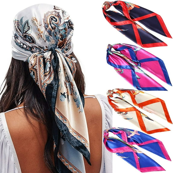 AWAYTR 4 Pcs 35” Satin Large Silk Scarf Square Head Scarves Women Silk Like Neck Scarf Hair Sleeping Wraps Turban Lightweight Silk Bandana