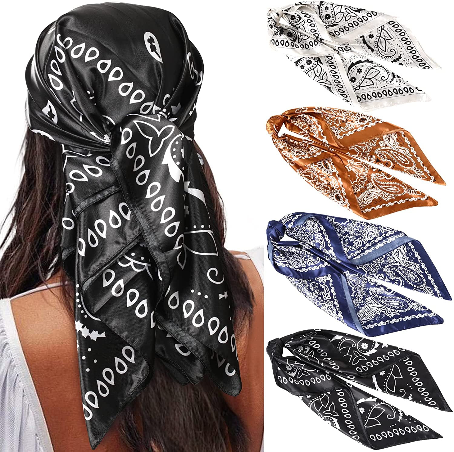 AWAYTR 4 Pcs 35” Satin Large Silk Scarf Square Head Scarves Women Silk Like  Neck Scarf Hair Sleeping Wraps Turban Lightweight Silk Bandana 