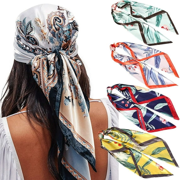 AWAYTR 4 Pcs 35” Satin Large Silk Scarf Square Head Scarves Women Silk Like Neck Scarf Hair Sleeping Wraps Turban Lightweight Silk Bandana