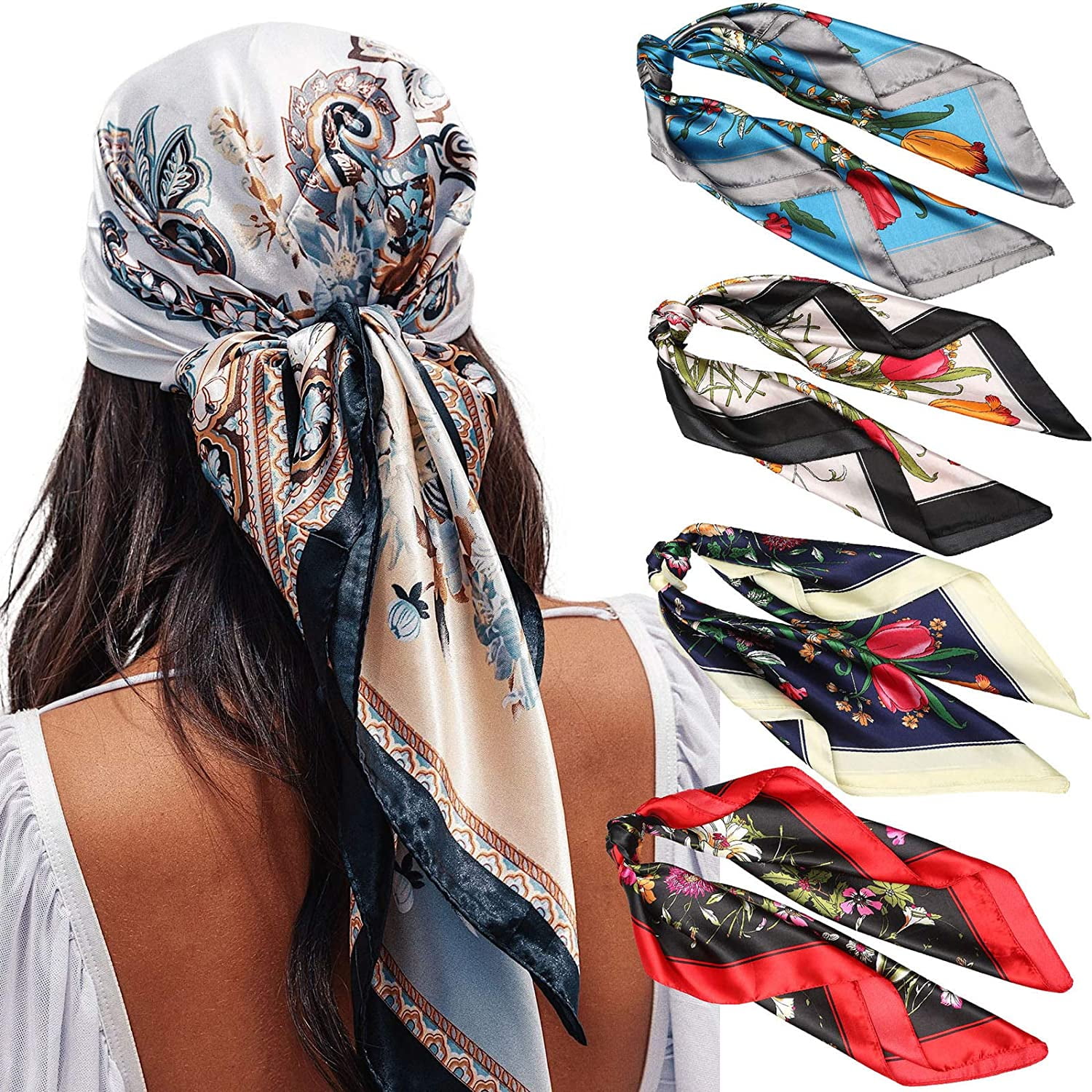 8 Pieces Silk Feeling Head Scarf 35 x 35 Inch Satin Scarf Solid Color Hair  Scarves Square Hair Wrapping Gift Headscarf Scarves for Women Girls, 8