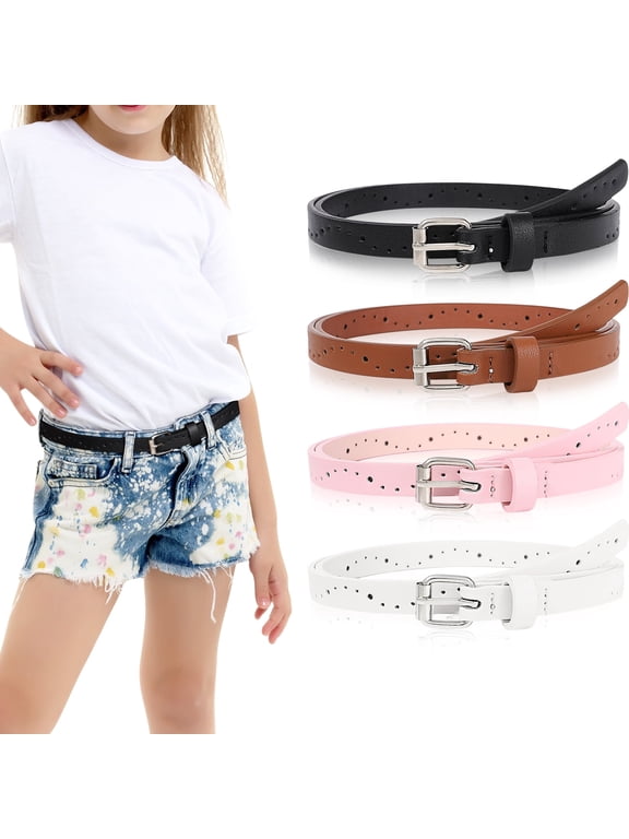 4PCS Kids PU Leather Belts for Girls, Heart Shape Metal Buckle, Adjustable Hole Design, Cute Skinny Belt for Uniform Dress Jeans Casual Wear
