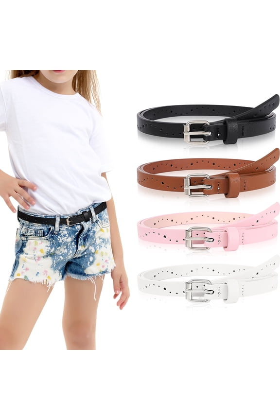 4PCS Kids PU Leather Belts for Girls, Heart Shape Metal Buckle, Adjustable Hole Design, Cute Skinny Belt for Uniform Dress Jeans Casual Wear