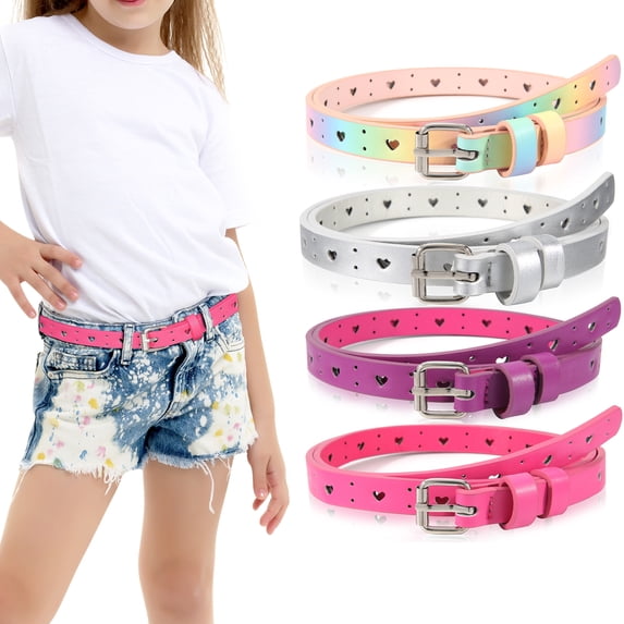 AWAYTR 4PCS Kids PU Leather Belts for Girls, Heart Shape Metal Buckle, Adjustable Hole Design, Cute Skinny Belt for Uniform Dress Jeans Casual Wear