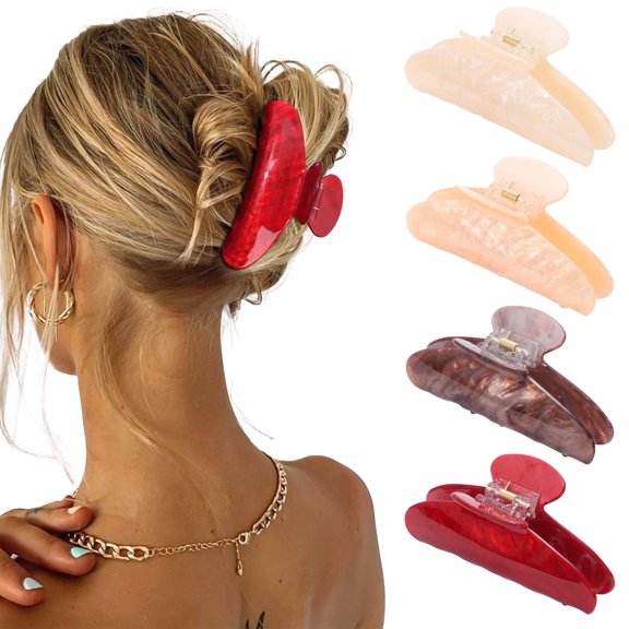 AWAYTR Acrylic Hair Claw Clips - 4pcs, Girls Strong Hold Non-slip Banana Barrettes, Stylish Marble Glitter Hair Accessories for Women, Cute Banana Claw Clip