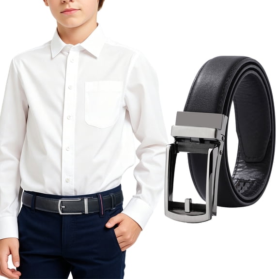 AWAYTR Boys Ratchet Belt for Kids, Trim‑to‑Fit PU Leather Dress Belt for School Uniform Daily Wear
