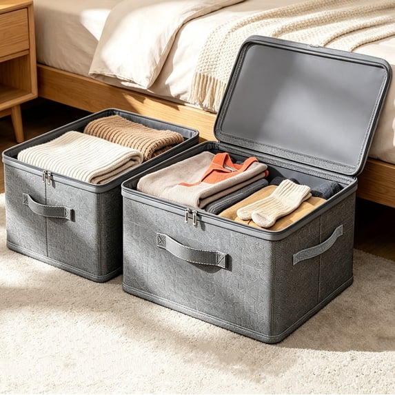 AWAYTR Collapsible Fabric Storage Box with Lid, Stackable Closet Organizer Bin with Handles, Foldable Clothes Storage Container for Wardrobe, Bedroom, Toys & Books, 2 Pack