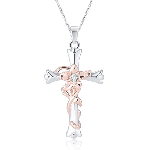 AWAYTR Floral Cross Necklace, Rose Gold Rhinestone Pendant, Multi-Color Floral Charm, Vintage Faith Jewelry for Women Gift