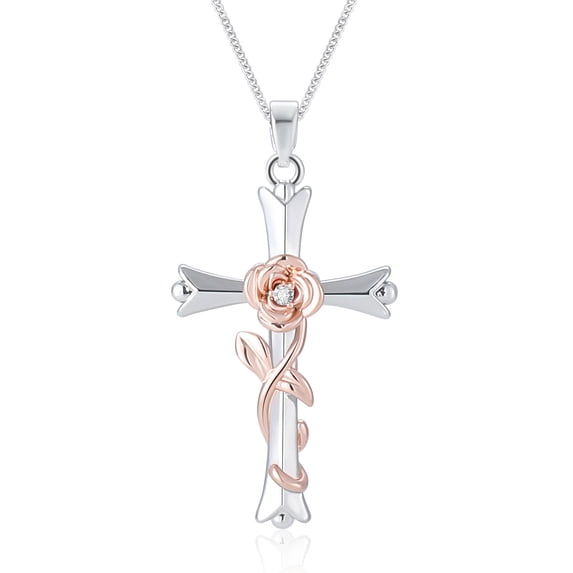 AWAYTR Floral Cross Necklace, Rose Gold Rhinestone Pendant, Multi-Color Floral Charm, Vintage Faith Jewelry for Women Gift