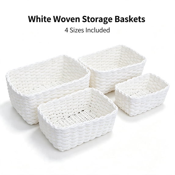 AWAYTR Hand Woven Storage Baskets 4 Pack, Multi Size Rectangular Organizer Bins for Bathroom Bedroom Home Organization