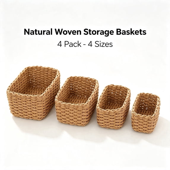 AWAYTR Hand Woven Storage Baskets 4 Pack, Multi Size Rectangular Organizer Bins for Bathroom Bedroom Home Organization