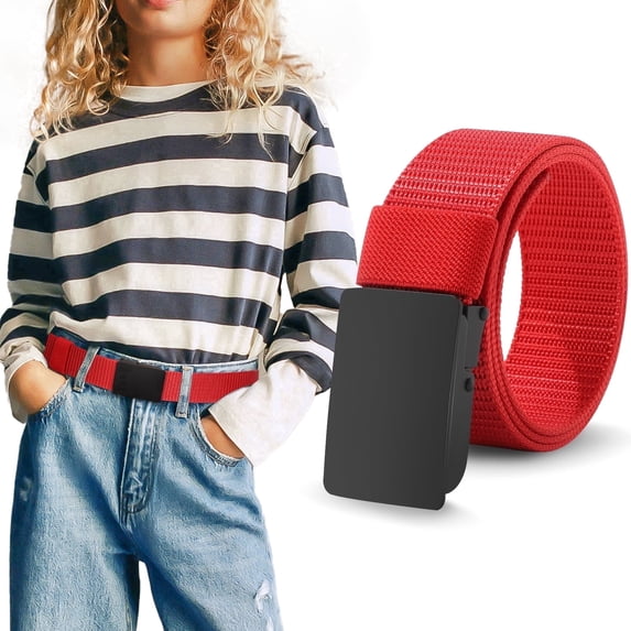 AWAYTR Nylon Ratchet Automatic Metal Buckle Adjustable No-Hole Web Boys Baseball Belts Red