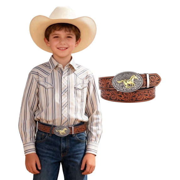 AWAYTR Kids Ratchet Western Belt - PU Leather Cowboy Belt Adjustable Toddler to Big Kid Sizes for Jeans