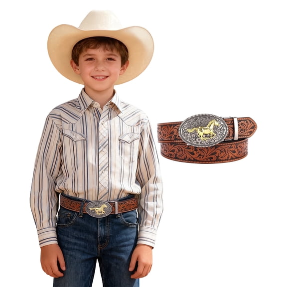 AWAYTR Kids Ratchet Western Belt - PU Leather Cowboy Belt Adjustable Toddler to Big Kid Sizes for Jeans