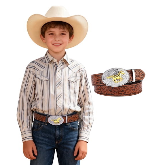 AWAYTR Kids Ratchet Western Belts - PU Leather Cowboy Belt Adjustable Toddler to Big Kid Sizes for Jeans