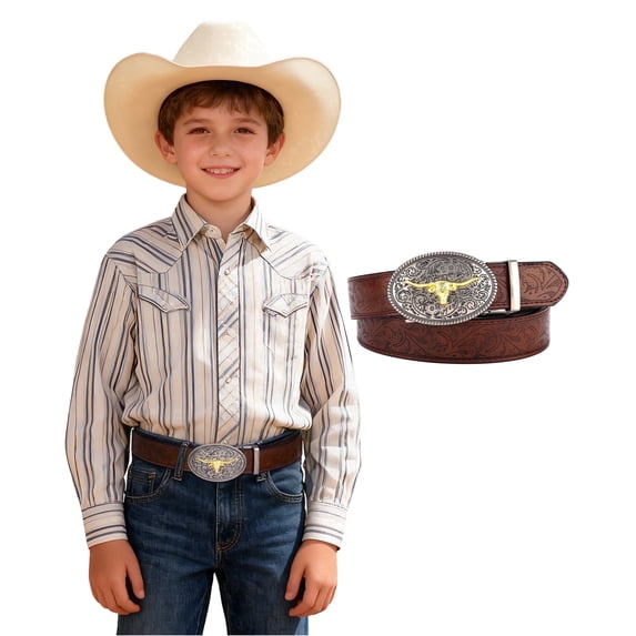 AWAYTR Kids Ratchet Western Belt - PU Leather Cowboy Belt Adjustable Toddler to Big Kid Sizes for Jeans