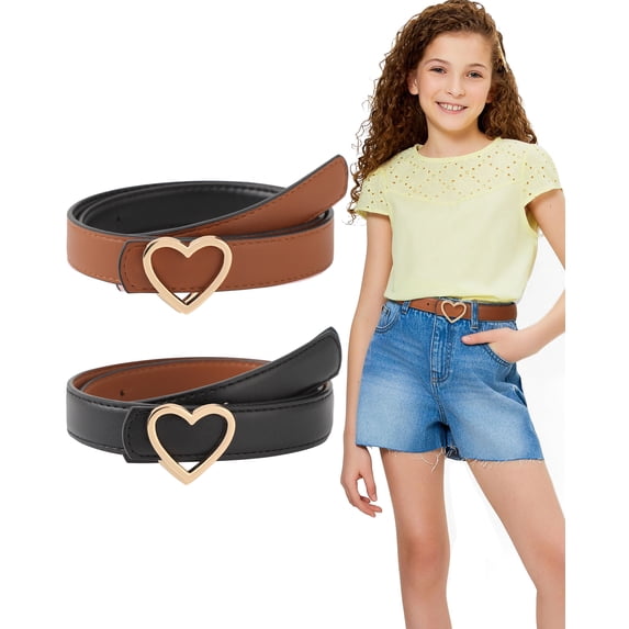 AWAYTR Kids Reversible Leather Belt - Heart Buckle Belt Kids Adjustable Belt for Casual Jeans Dress