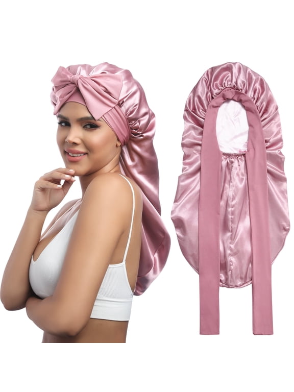 Long Satin Bonnet - Double Layer Reversible Silk Bonnet for Long Hair Women Sleeping Cap with Tie Band