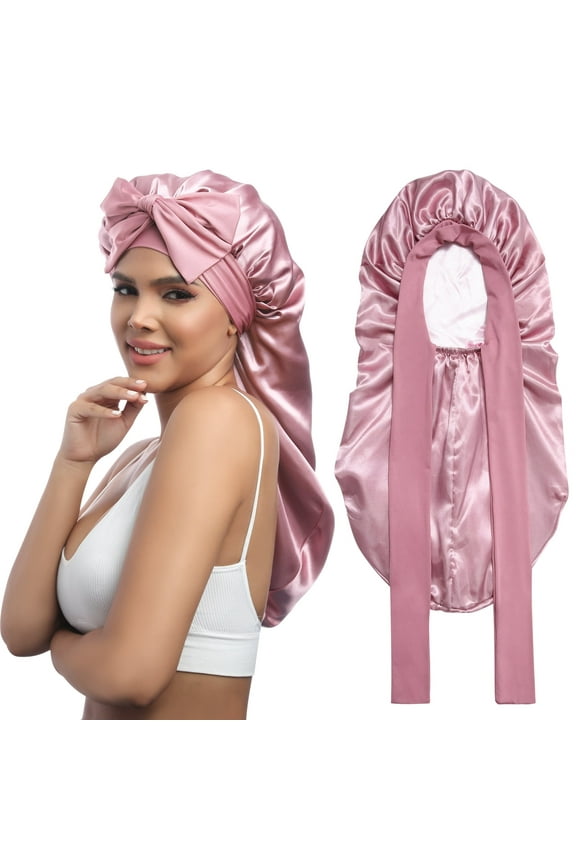 Long Satin Bonnet - Double Layer Reversible Silk Bonnet for Long Hair Women Sleeping Cap with Tie Band