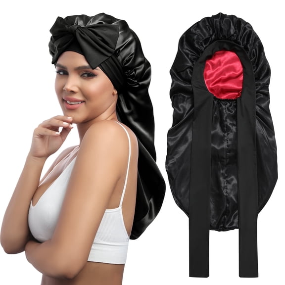 AWAYTR Long Satin Bonnet - Double Layer Reversible Silk Bonnet for Long Hair Women Sleeping Cap with Tie Band