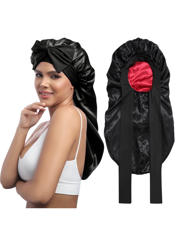 Long Satin Bonnet - Double Layer Reversible Silk Bonnet for Long Hair Women Sleeping Cap with Tie Band