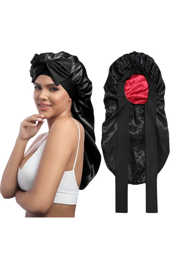 Long Satin Bonnet - Double Layer Reversible Silk Bonnet for Long Hair Women Sleeping Cap with Tie Band