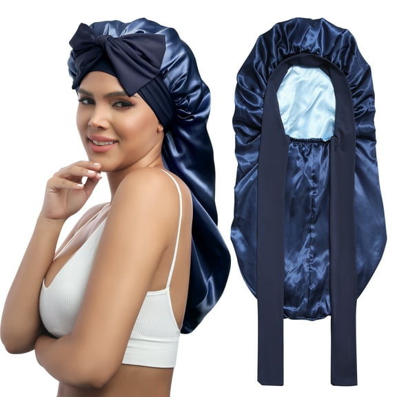 AWAYTR Long Satin Bonnet - Double Layer Reversible Silk Bonnet for Long Hair Women Sleeping Cap with Tie Band