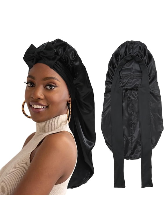 Long Satin Bonnet for Women - Double Layer Elastic Silk Bonnet Hair Sleeping Cap with Tie Band