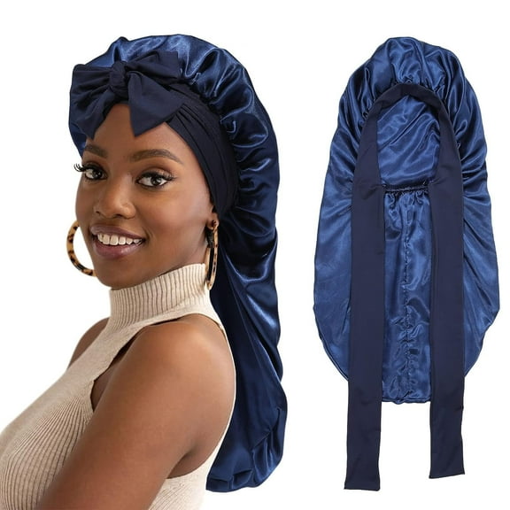 AWAYTR Long Satin Bonnet for Women - Double Layer Elastic Silk Bonnet Hair Sleeping Cap with Tie Band