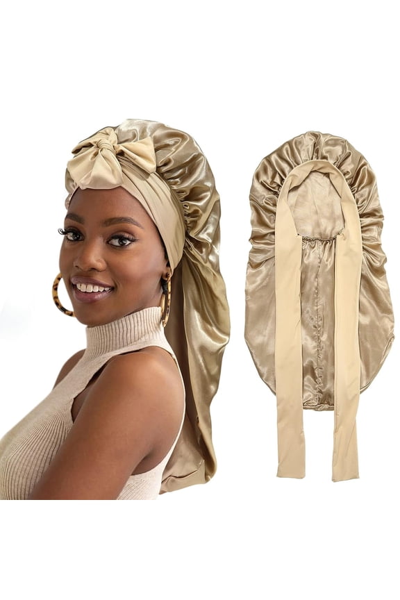 Long Satin Bonnet for Women - Double Layer Elastic Silk Bonnet Hair Sleeping Cap with Tie Band