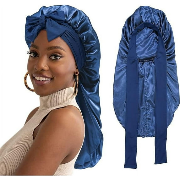 AWAYTR Long Satin Bonnet for Women - Double Layer Elastic Silk Bonnet Hair Sleeping Cap with Tie Band