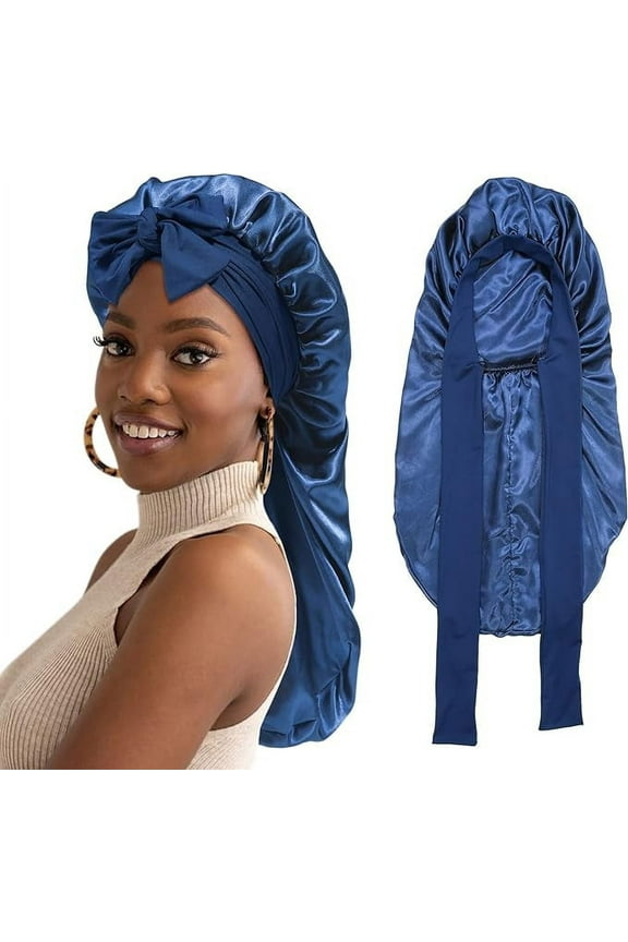 Long Satin Bonnet for Women - Double Layer Elastic Silk Bonnet Hair Sleeping Cap with Tie Band