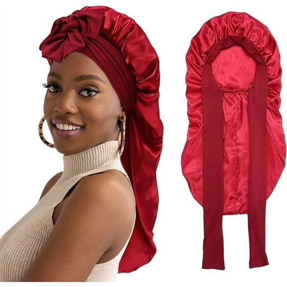 AWAYTR Long Satin Bonnet for Women - Double Layer Elastic Silk Bonnet Hair Sleeping Cap with Tie Band