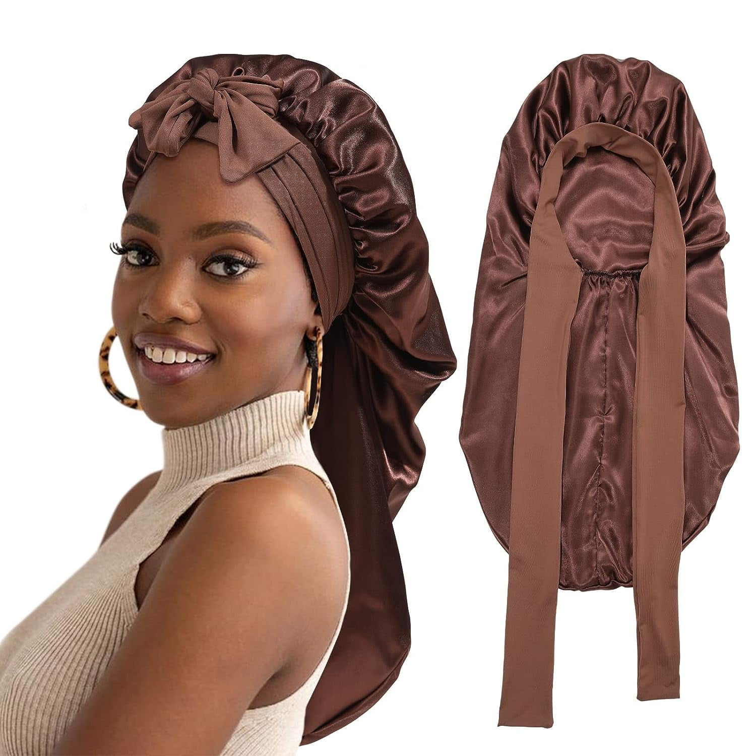 AWAYTR Long Satin Bonnet for Women - Double Layer Elastic Silk Bonnet ...