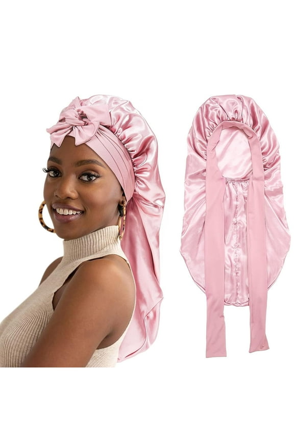 Long Satin Bonnet for Women - Double Layer Elastic Silk Bonnet Hair Sleeping Cap with Tie Band