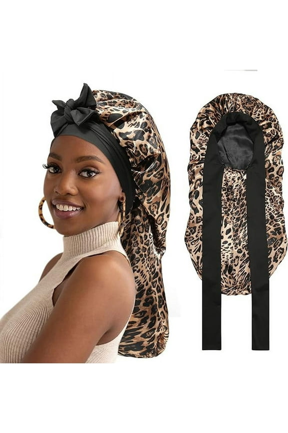Long Satin Bonnet for Women - Double Layer Elastic Silk Bonnet Hair Sleeping Cap with Tie Band