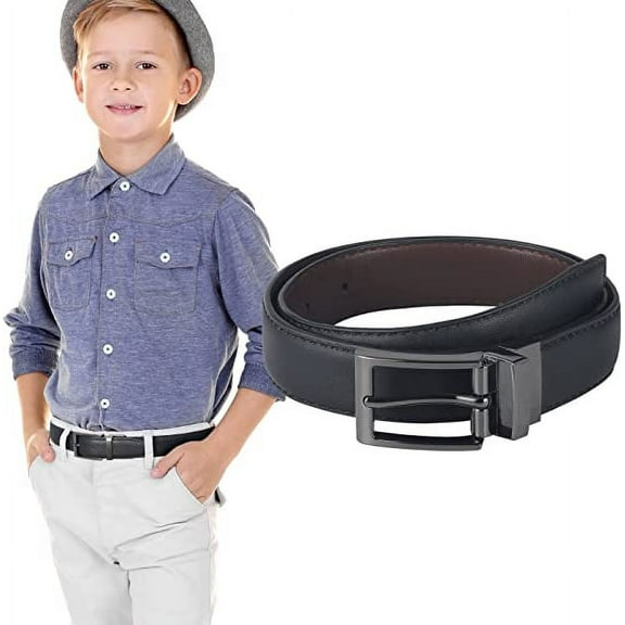 AWAYTR Reversible Kids Belts for Boys - Black and Brown Leather Belt for School Uniform Casual Jeans