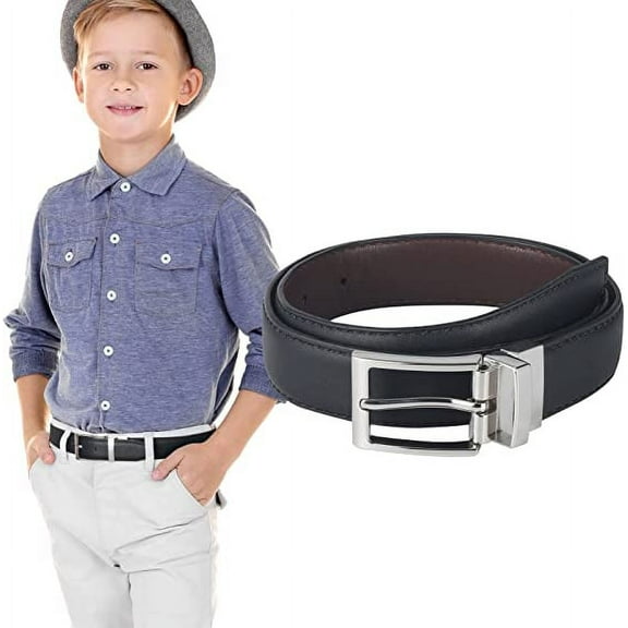 AWAYTR Reversible Kids Belts for Boys - Black and Brown Leather Belt for School Uniform Casual Jeans