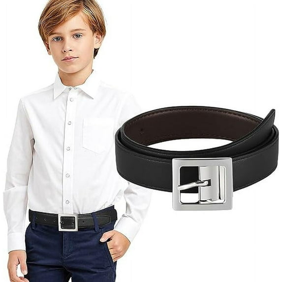 AWAYTR Kids Reversible Leather Belts- Brown and Black Leather Belt Two in One Formal Casual Belt