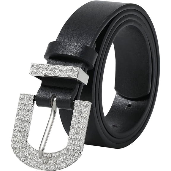 AWAYTR Women Rhinestone Buckle Belt - Crystal PU Leather Belts for Casual Jeans Dress