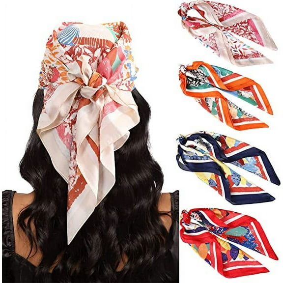 AWAYTR 27.5” Satin Square Head Scarf - 4PCS Silk Head Scarves Women Hair Kerchief Bandanas Head Wraps