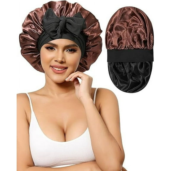 AWAYTR Satin Bonnet Silk Bonnet for Sleeping Silk Sleep Cap Double Layer Hair Bonnet with Elastic Tie Band