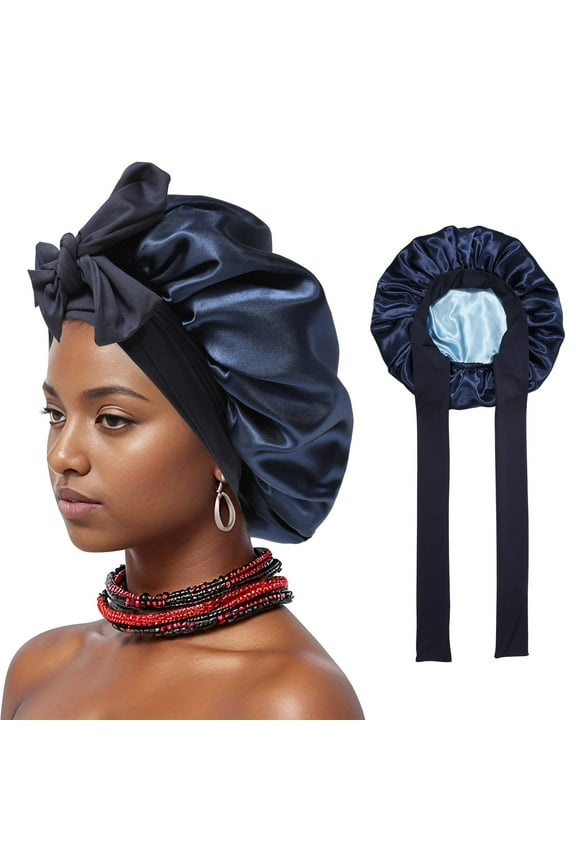 Satin Bonnet Silk Bonnet for Sleeping Silk Sleep Cap Double Layer Hair Bonnet with Elastic Tie Band