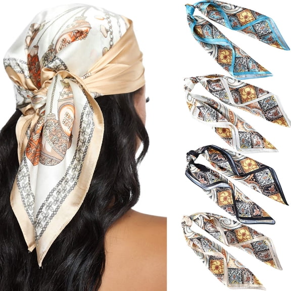 AWAYTR Silk Scarves 4 Pcs Satin Square Head Scarves 60cm Women Print Silk Like Neck Scarf Hair Sleeping Wraps Hair kerchief